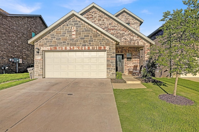 4925 Westhill Dr, Princeton, TX 75071 - french country style house featuring a front yard, driveway, a garage, and stone siding