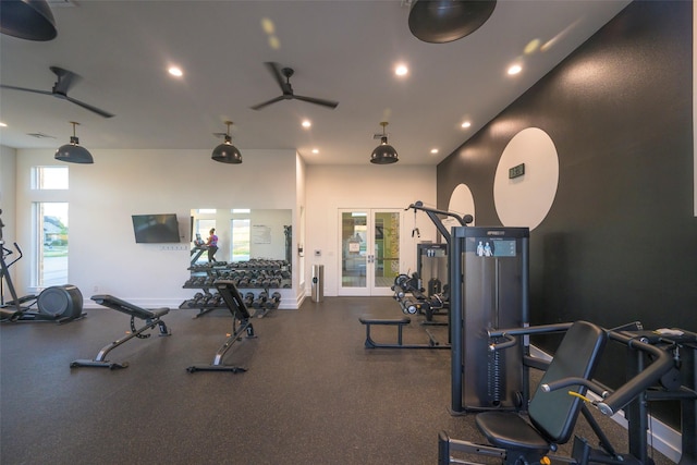 4925 Westhill Dr, Princeton, TX 75071 - gym featuring ceiling fan, recessed lighting, and french doors