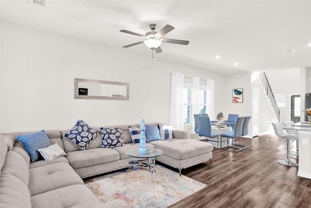 4925 Westhill Dr, Princeton, TX 75071 - living room with dark wood-type flooring, ceiling fan, recessed lighting, baseboards, and stairs