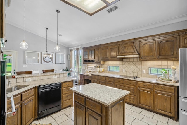 552 Heritage Ct, Canton, TX 75103 - kitchen featuring black appliances, vaulted ceiling, crown molding, decorative backsplash, and light tile patterned floors
