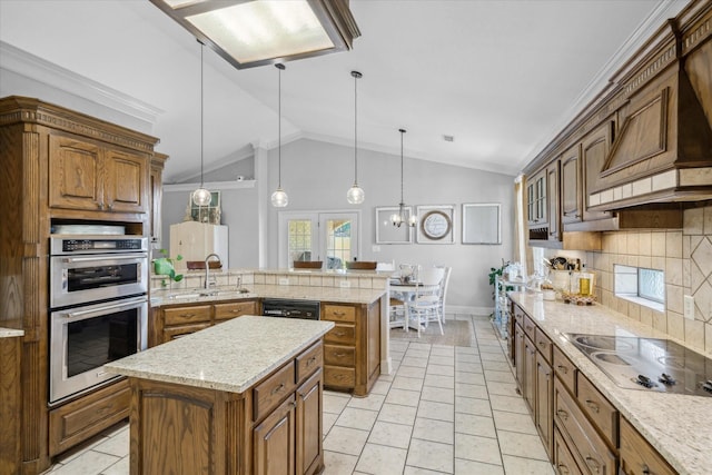 552 Heritage Ct, Canton, TX 75103 - kitchen with stainless steel double oven, a peninsula, electric cooktop, decorative backsplash, and custom exhaust hood