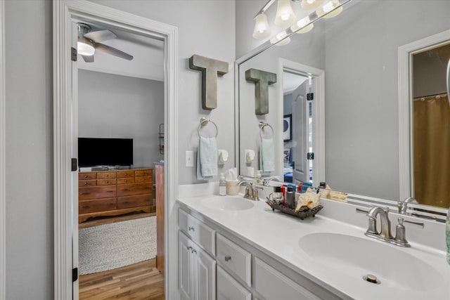 552 Heritage Ct, Canton, TX 75103 - full bathroom featuring double vanity, wood finished floors, and ceiling fan