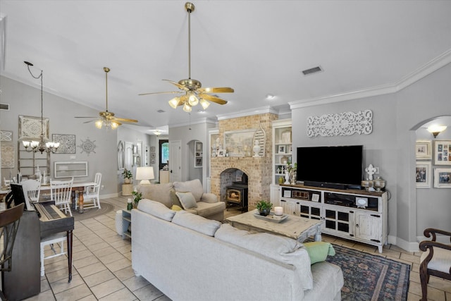 552 Heritage Ct, Canton, TX 75103 - living room featuring arched walkways, ornamental molding, a ceiling fan, baseboards, and light tile patterned floors