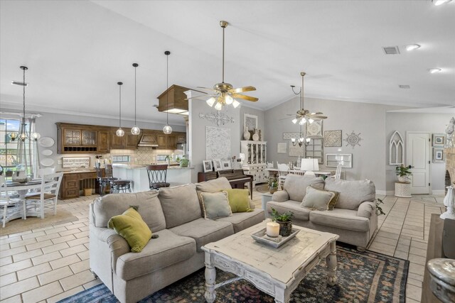 552 Heritage Ct, Canton, TX 75103 - living area with a ceiling fan, a chandelier, vaulted ceiling, and light tile patterned floors
