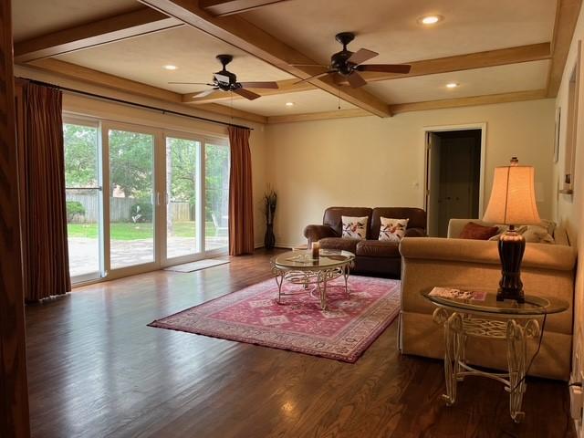 1509 W Hull St, Denison, TX 75020 - living room with beamed ceiling, wood finished floors, a ceiling fan, recessed lighting, and coffered ceiling