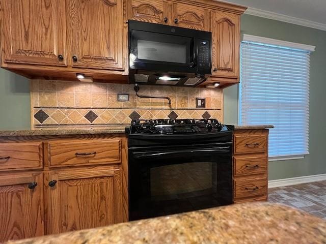 1509 W Hull St, Denison, TX 75020 - kitchen with black appliances, baseboards, crown molding, tasteful backsplash, and brown cabinetry