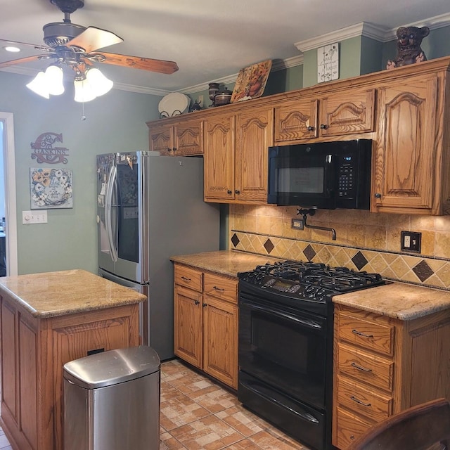 1509 W Hull St, Denison, TX 75020 - kitchen with black appliances, a ceiling fan, tasteful backsplash, brown cabinetry, and ornamental molding