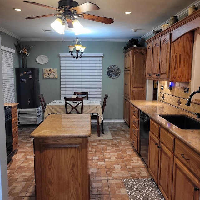 1509 W Hull St, Denison, TX 75020 - kitchen featuring dishwasher, a sink, a ceiling fan, a center island, and brick patterned flooring