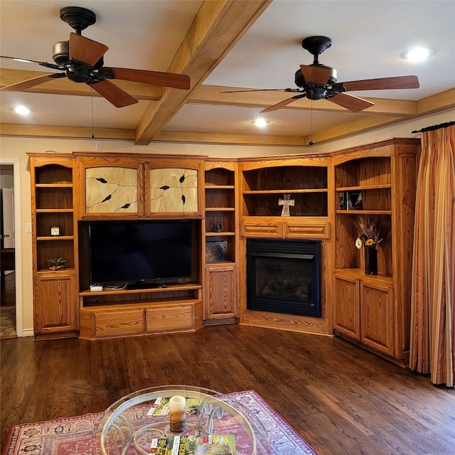 1509 W Hull St, Denison, TX 75020 - living room featuring a ceiling fan, beamed ceiling, a glass covered fireplace, dark wood-type flooring, and recessed lighting