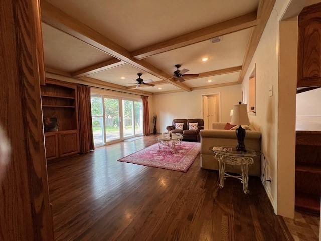 1509 W Hull St, Denison, TX 75020 - living room with dark wood-style floors, beamed ceiling, coffered ceiling, and a ceiling fan