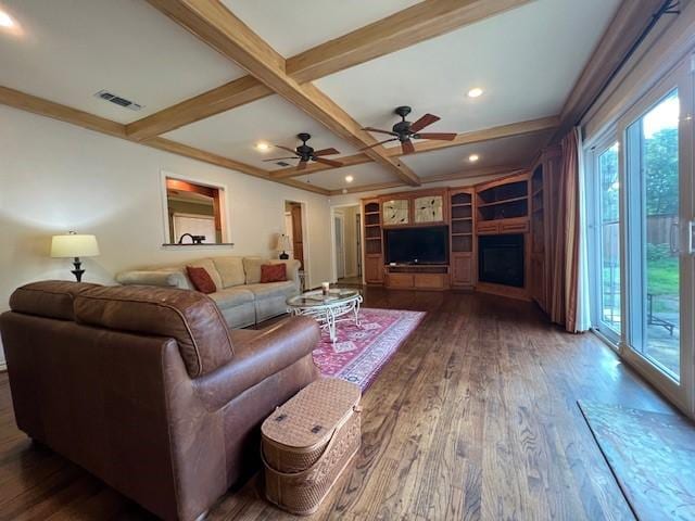 1509 W Hull St, Denison, TX 75020 - living area with wood finished floors, beam ceiling, coffered ceiling, a fireplace, and recessed lighting