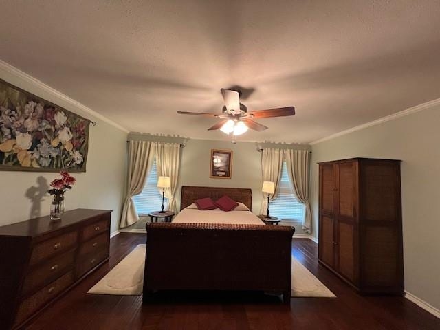1509 W Hull St, Denison, TX 75020 - bedroom featuring dark wood-type flooring, crown molding, baseboards, and ceiling fan