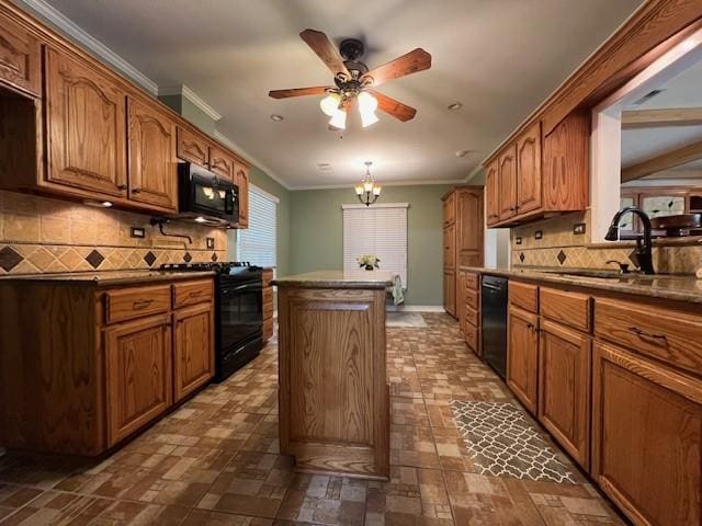 1509 W Hull St, Denison, TX 75020 - kitchen featuring black appliances, a sink, a center island, decorative backsplash, and crown molding