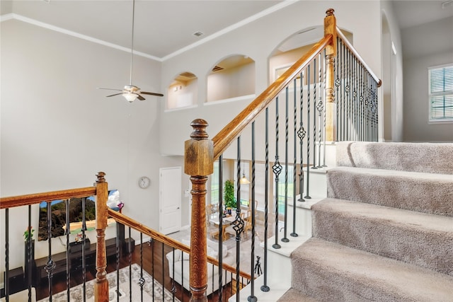 1001 Vineyard Dr, Euless, TX 76039 - staircase with wood finished floors, a ceiling fan, crown molding, and a high ceiling