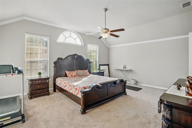 1001 Vineyard Dr, Euless, TX 76039 - carpeted bedroom featuring vaulted ceiling, crown molding, baseboards, and ceiling fan