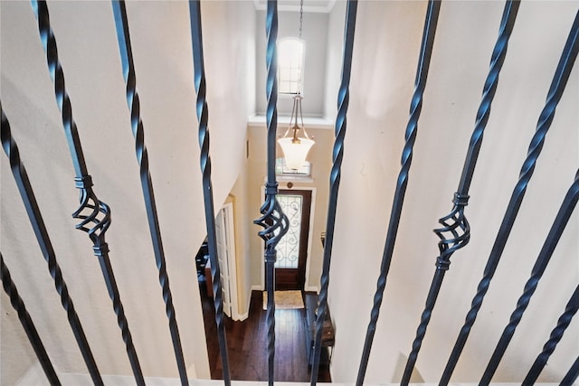 1001 Vineyard Dr, Euless, TX 76039 - stairs with ornamental molding, a towering ceiling, wood finished floors, and baseboards