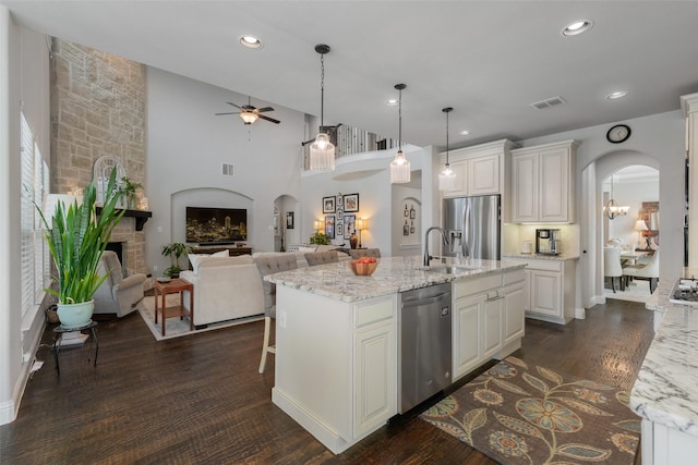 760 Ascot Ct, Prosper, TX 75078 - kitchen featuring arched walkways, stainless steel appliances, ceiling fan, a sink, and open floor plan