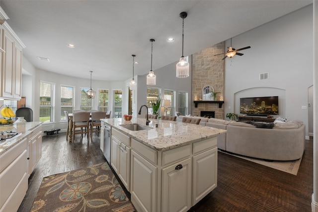 760 Ascot Ct, Prosper, TX 75078 - kitchen featuring a sink, a ceiling fan, a fireplace, dishwasher, and light stone counters