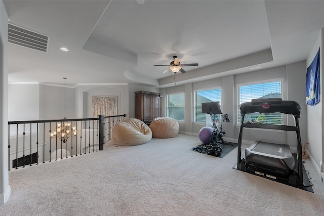 760 Ascot Ct, Prosper, TX 75078 - workout area with carpet flooring, a ceiling fan, baseboards, a raised ceiling, and a chandelier