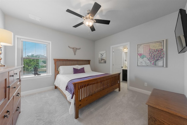 760 Ascot Ct, Prosper, TX 75078 - bedroom featuring light colored carpet, baseboards, ceiling fan, and connected bathroom