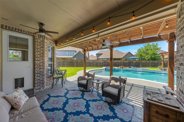 760 Ascot Ct, Prosper, TX 75078 - fenced backyard featuring a ceiling fan, a pool with connected hot tub, an outdoor hangout area, and a patio