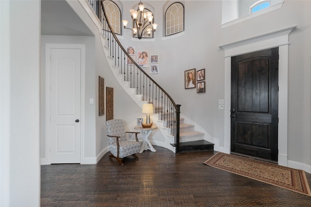 760 Ascot Ct, Prosper, TX 75078 - foyer with stairway, a chandelier, baseboards, a high ceiling, and wood finished floors