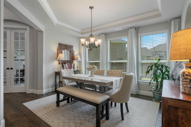 760 Ascot Ct, Prosper, TX 75078 - dining space featuring a raised ceiling, baseboards, a chandelier, and ornamental molding