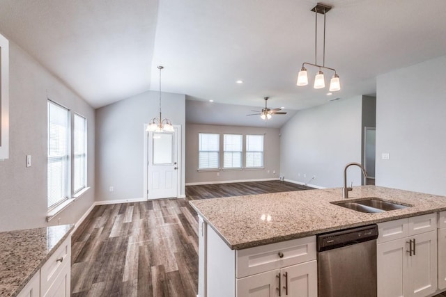 5520 Curzon Ave, Fort Worth, TX 76107 - kitchen featuring dishwasher, a sink, vaulted ceiling, dark wood finished floors, and white cabinets