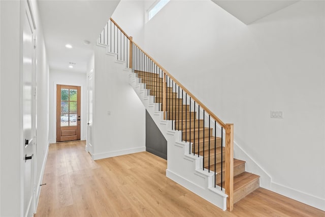2820 Barnes Bridge Rd, Dallas, TX 75228 - entryway featuring stairway, light wood-style flooring, baseboards, and recessed lighting