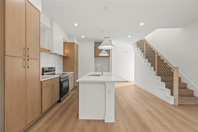1332 Fletcher St, Dallas, TX 75223 - kitchen with stainless steel electric range oven, a sink, light wood finished floors, an island with sink, and light countertops