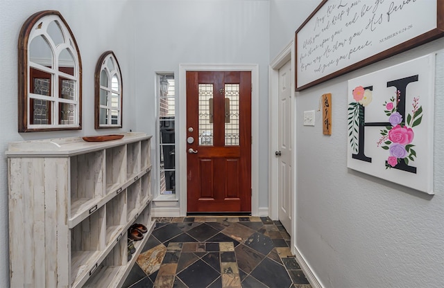 1015 W Bluff St, Fort Worth, TX 76102 - entrance foyer featuring dark stone finish floors and baseboards