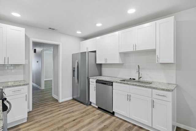4900 Vega Ct E, Fort Worth, TX 76133 - kitchen featuring appliances with stainless steel finishes, a sink, decorative backsplash, white cabinets, and baseboards
