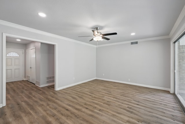 4900 Vega Ct E, Fort Worth, TX 76133 - unfurnished room featuring ceiling fan, baseboards, wood finished floors, ornamental molding, and recessed lighting