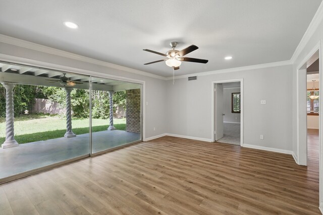 4900 Vega Ct E, Fort Worth, TX 76133 - spare room featuring ceiling fan, wood finished floors, baseboards, ornamental molding, and recessed lighting