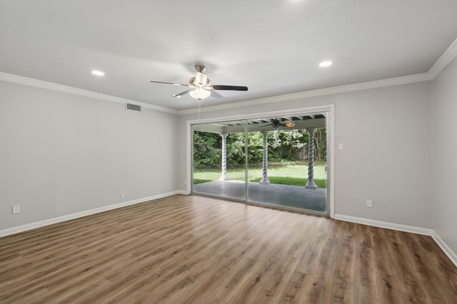 4900 Vega Ct E, Fort Worth, TX 76133 - empty room featuring ceiling fan, baseboards, ornamental molding, wood finished floors, and recessed lighting