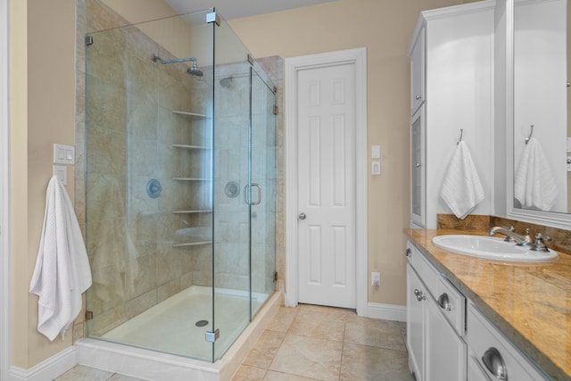 8920 Cypress Creek Rd, Lantana, TX 76226 - full bath with a stall shower, vanity, baseboards, and tile patterned floors