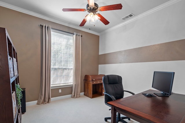 8920 Cypress Creek Rd, Lantana, TX 76226 - carpeted office with a ceiling fan, ornamental molding, plenty of natural light, and baseboards