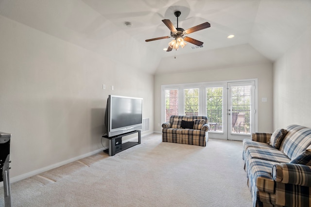 8920 Cypress Creek Rd, Lantana, TX 76226 - living area with light colored carpet, ceiling fan, baseboards, lofted ceiling, and recessed lighting