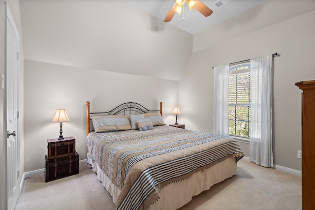 8920 Cypress Creek Rd, Lantana, TX 76226 - bedroom with light carpet, lofted ceiling, baseboards, and ceiling fan