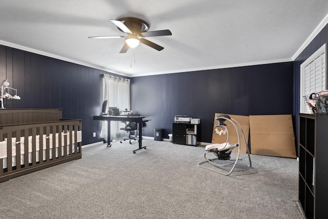 339 County Road 4315, Naples, TX 75568 - bedroom featuring ornamental molding, carpet, ceiling fan, baseboards, and a desk