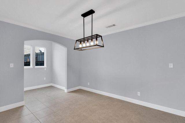 211 Debbie Way, Red Oak, TX 75154 - tiled empty room with arched walkways, baseboards, and ornamental molding