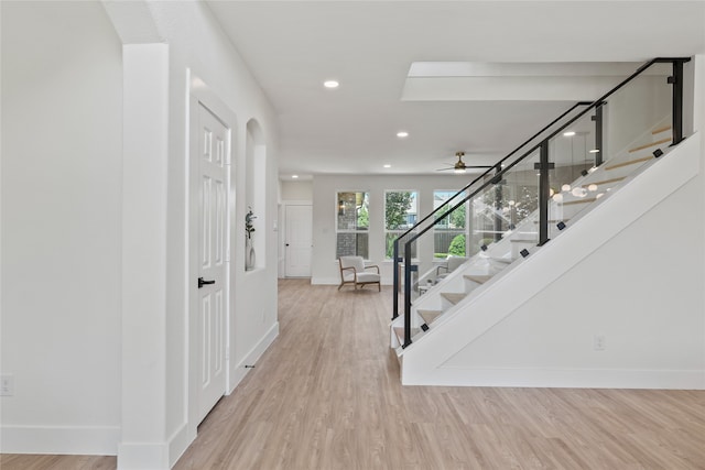 3717 Estacado Ln, Plano, TX 75025 - foyer entrance featuring stairway, baseboards, light wood-style flooring, recessed lighting, and ceiling fan