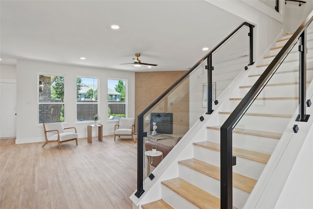 3717 Estacado Ln, Plano, TX 75025 - staircase featuring recessed lighting, ceiling fan, wood finished floors, and baseboards
