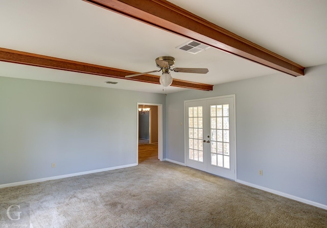 3422 Lanell Dr, Bossier City, LA 71112 - carpeted empty room with french doors, ceiling fan, baseboards, and beam ceiling