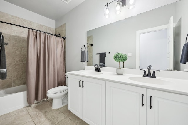 1816 Dunstan Dr, Fort Worth, TX 76052 - full bathroom featuring double vanity, shower / tub combo, toilet, and tile patterned flooring