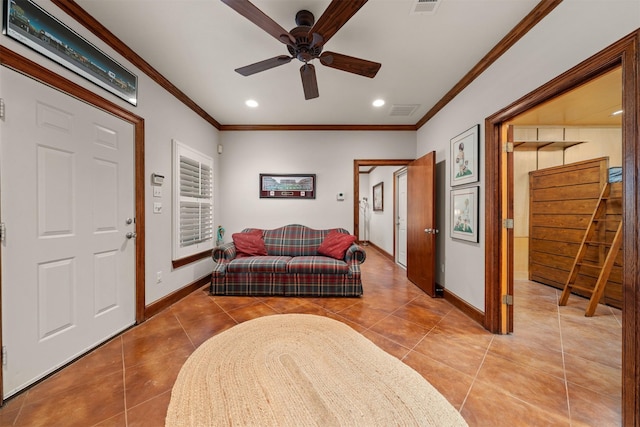 311 County Road 1710, Clifton, TX 76634 - living room featuring ornamental molding, light tile patterned floors, baseboards, a ceiling fan, and recessed lighting