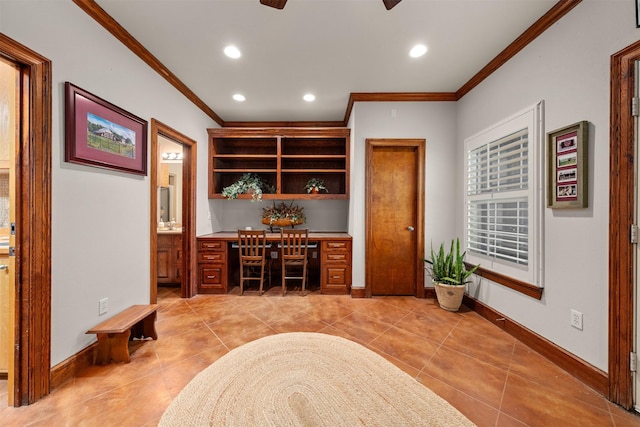 311 County Road 1710, Clifton, TX 76634 - office area with crown molding, light tile patterned floors, a ceiling fan, baseboards, and built in study area
