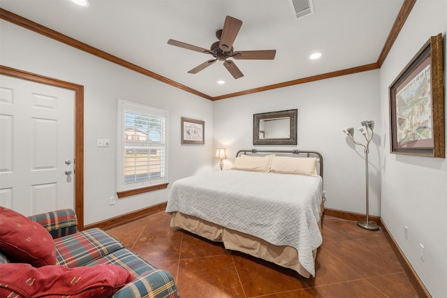 311 County Road 1710, Clifton, TX 76634 - tiled bedroom featuring crown molding, baseboards, recessed lighting, and ceiling fan