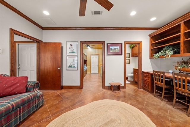311 County Road 1710, Clifton, TX 76634 - living area with ceiling fan, crown molding, tile patterned floors, baseboards, and recessed lighting