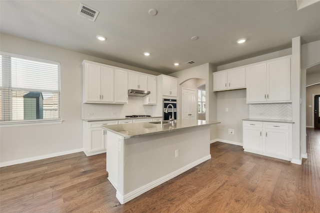 6314 Catalpa Dr, Venus, TX 76084 - kitchen with a sink, arched walkways, under cabinet range hood, backsplash, and white cabinets